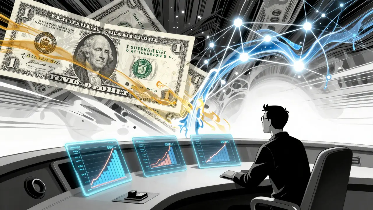 A trader in a futuristic cockpit watching USDHL yields rise as Treasury notes transform into digital liquidity, rendered in Constructivist industrial aesthetics.