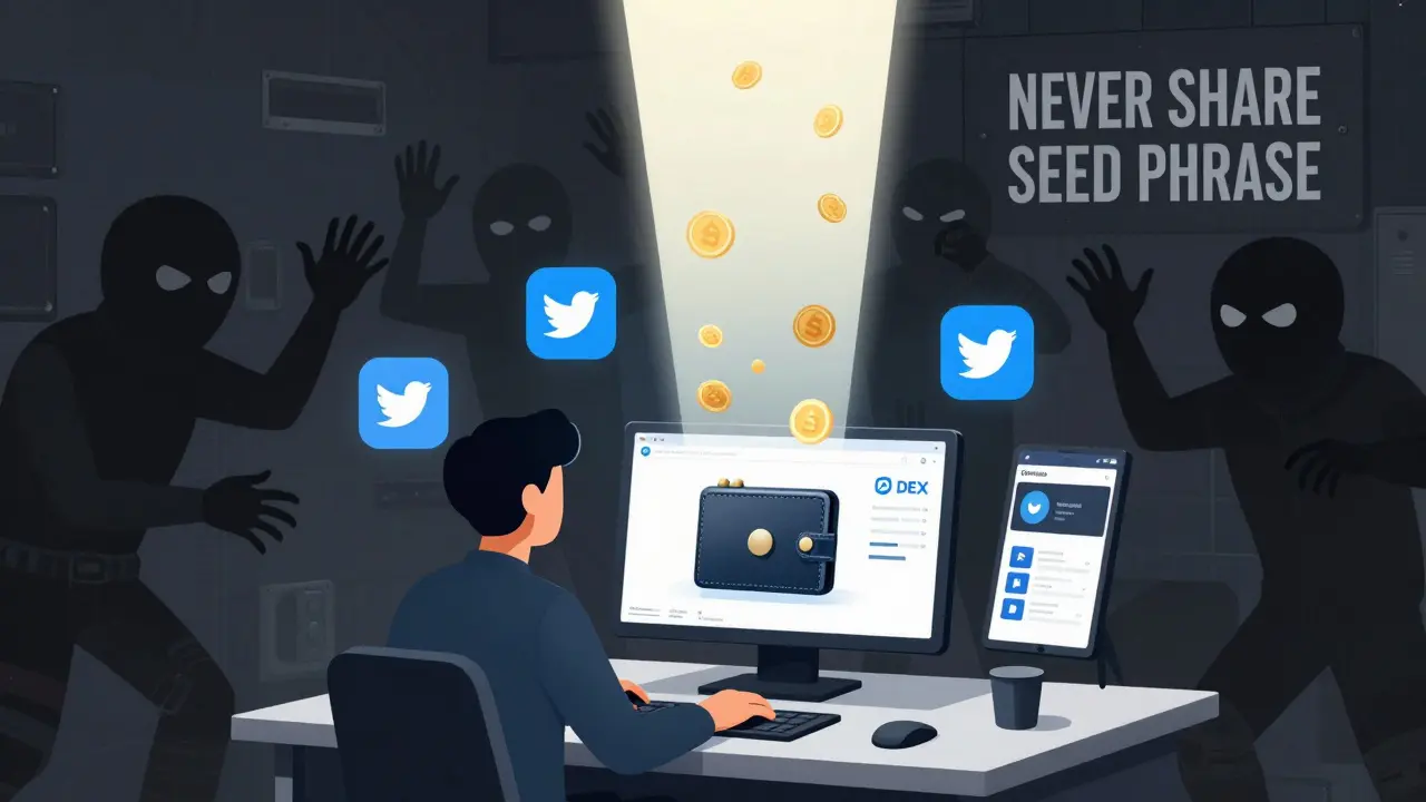 A user safely interacts with verified platforms while scam attempts are blocked by a warning wall.