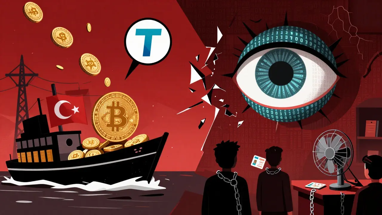 Bitcoin escaping sanctions vs. state surveillance via Rial Digital, with a crumbling grid and dark homes in background.