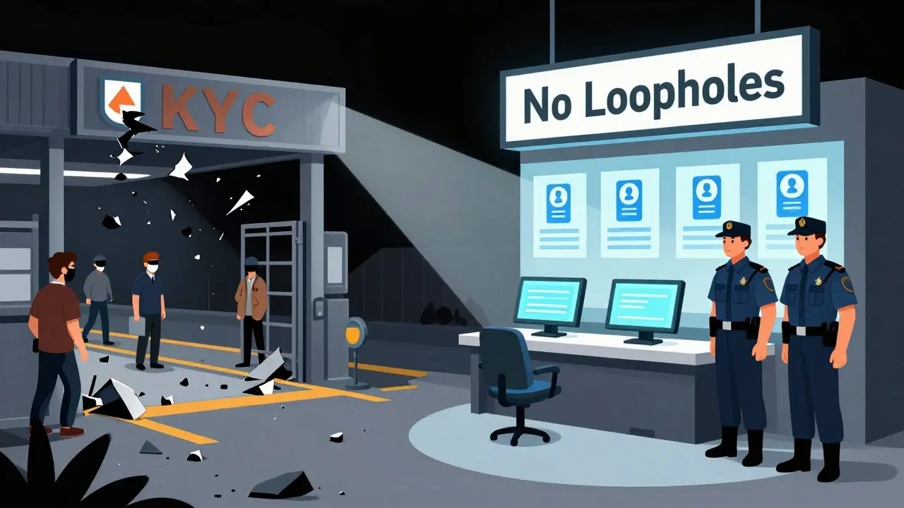 Chaotic crypto exchange on left vs. clean compliance hub on right, with light illuminating 'No Loopholes' in bold geometric style.