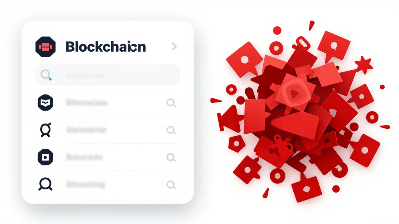 Clean geometric shape next to chaotic red scam symbols