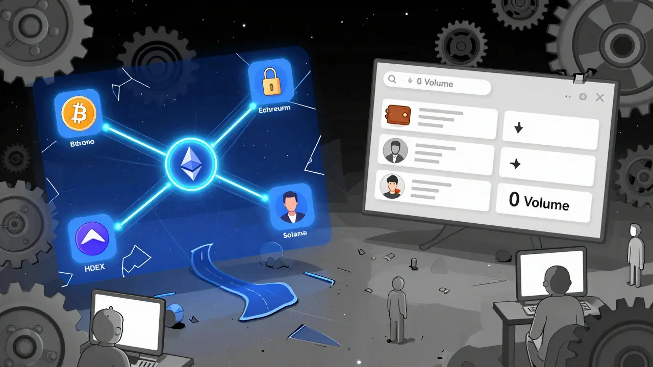 Fragile decentralized exchange network with one side working and the other collapsed, users stranded