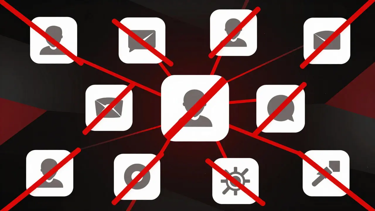 Fragmented social media symbols with red slashes on dark background
