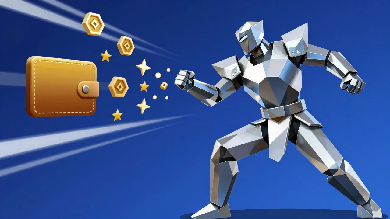 Geometric NFT warrior battling with floating tokens during Faraland event