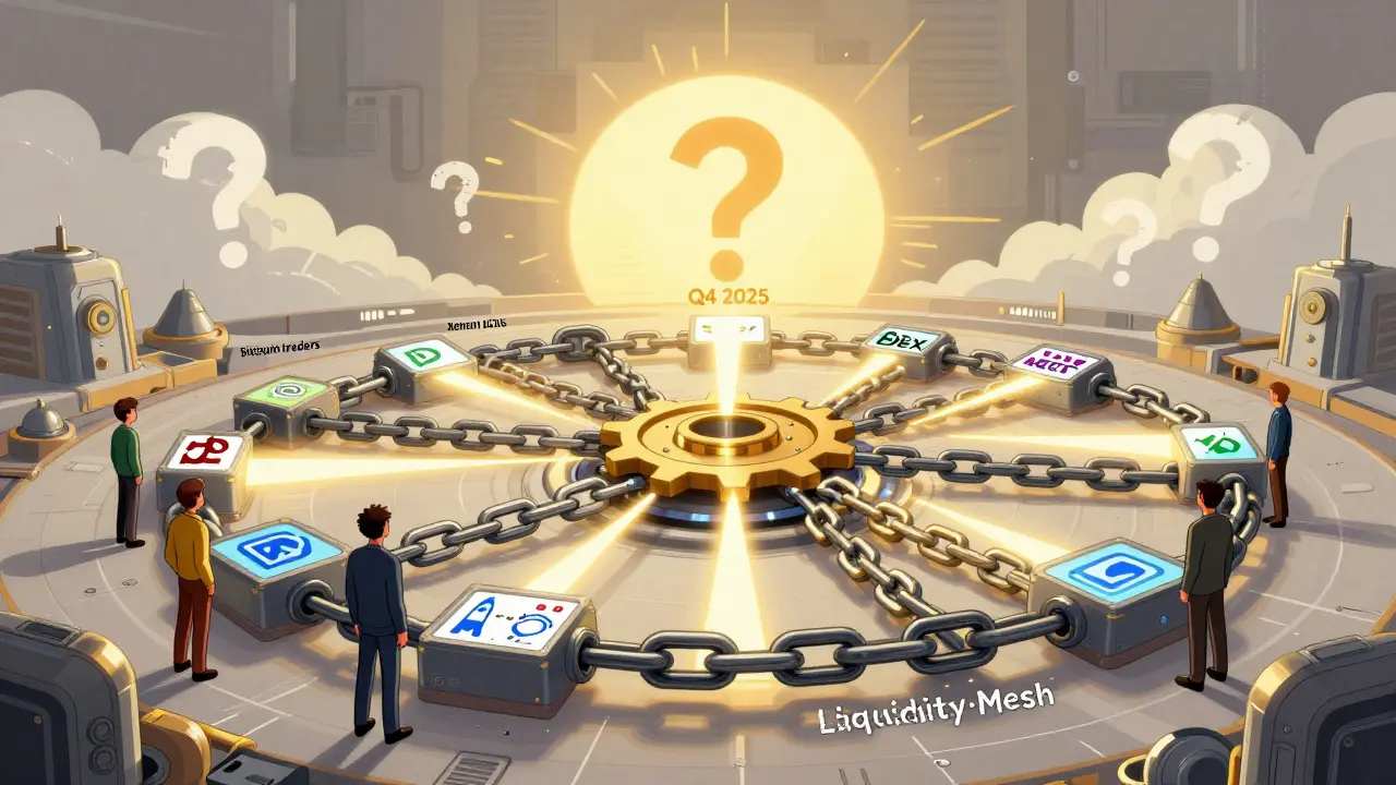 Henjin DEX weaving liquidity from other exchanges into a mesh, while Bitcoin and stablecoin traders stand outside in Constructivist style.