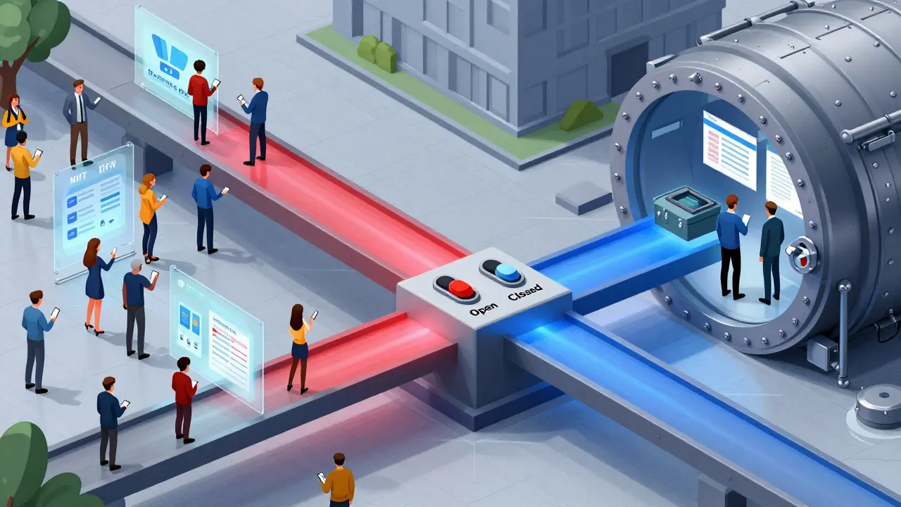 Hybrid blockchain bridge connecting public transparency to private security, with toggle controls and intersecting light beams in Constructivist style.