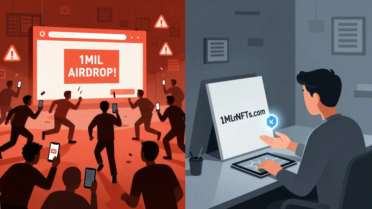Left side: chaotic crowd chasing fake 1MIL airdrop; right side: calm person viewing the real 1MillionNFTs canvas with minimal pixel art.