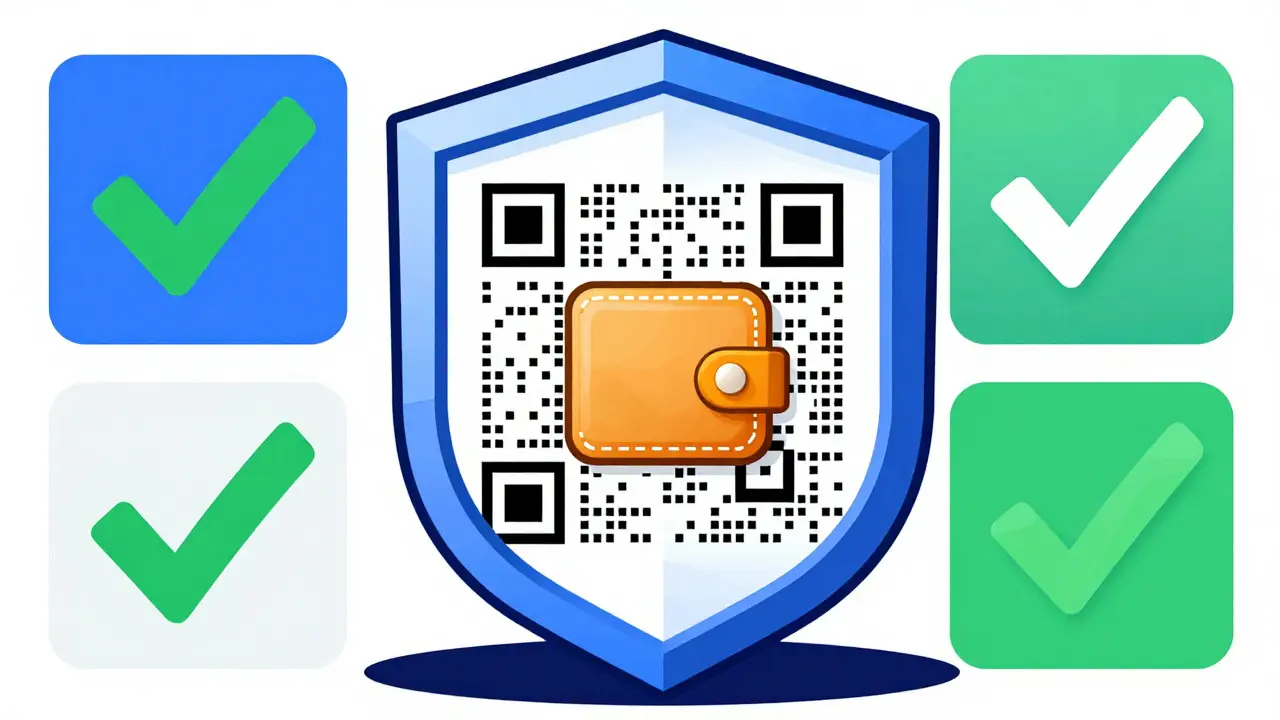 Protective geometric shield blocking QR code and safeguarding cryptocurrency wallet