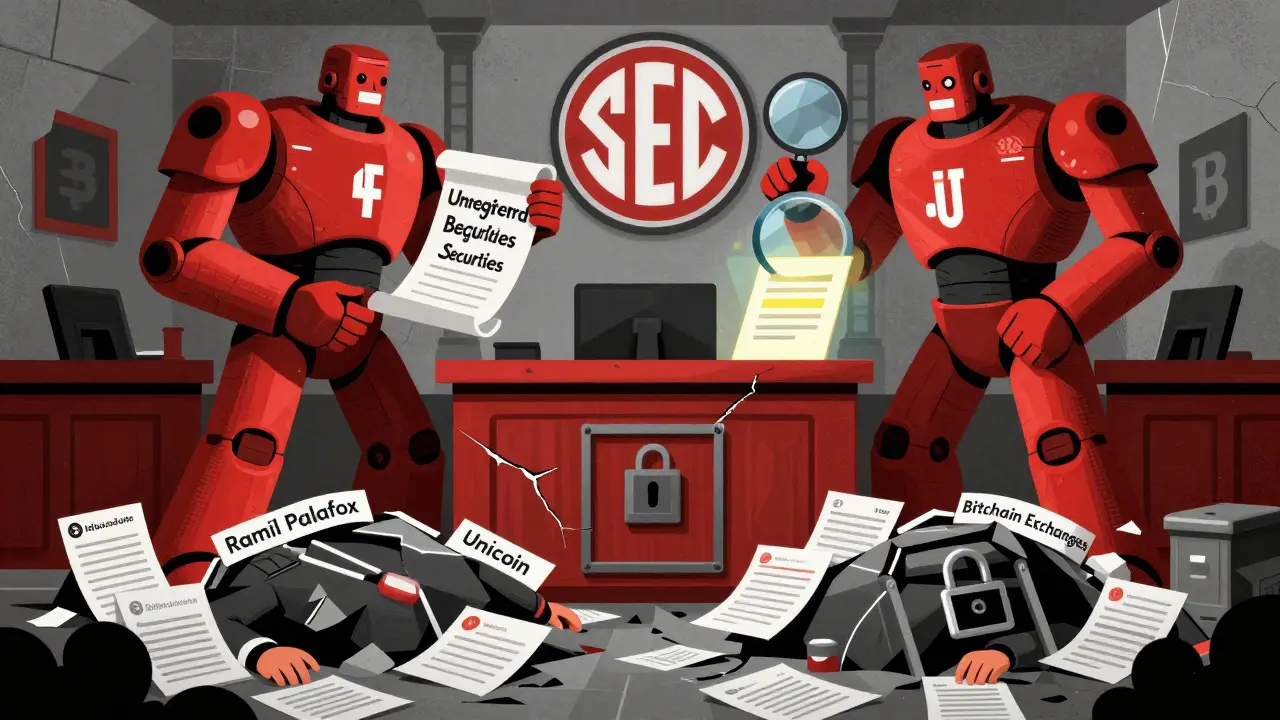 SEC and DOJ figures tower over collapsed crypto fraudsters amid investor contracts and locked withdrawal gates in a fractured courtroom scene.