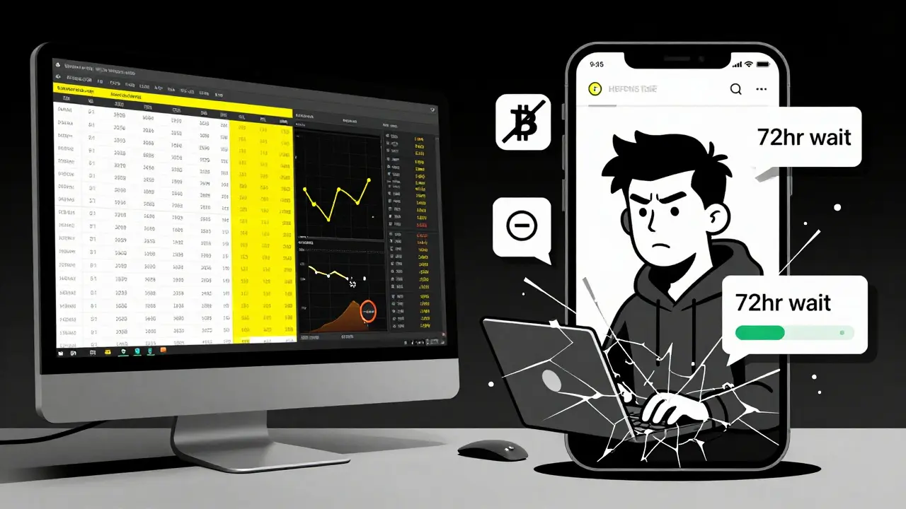 Split-screen: efficient desktop trading vs. crashing mobile app, with limited tokens and slow support ticket floating nearby.