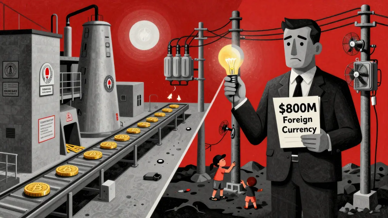 State-approved mining on one side, illegal power theft on the other, with a bureaucrat holding currency and a blacked-out bulb.