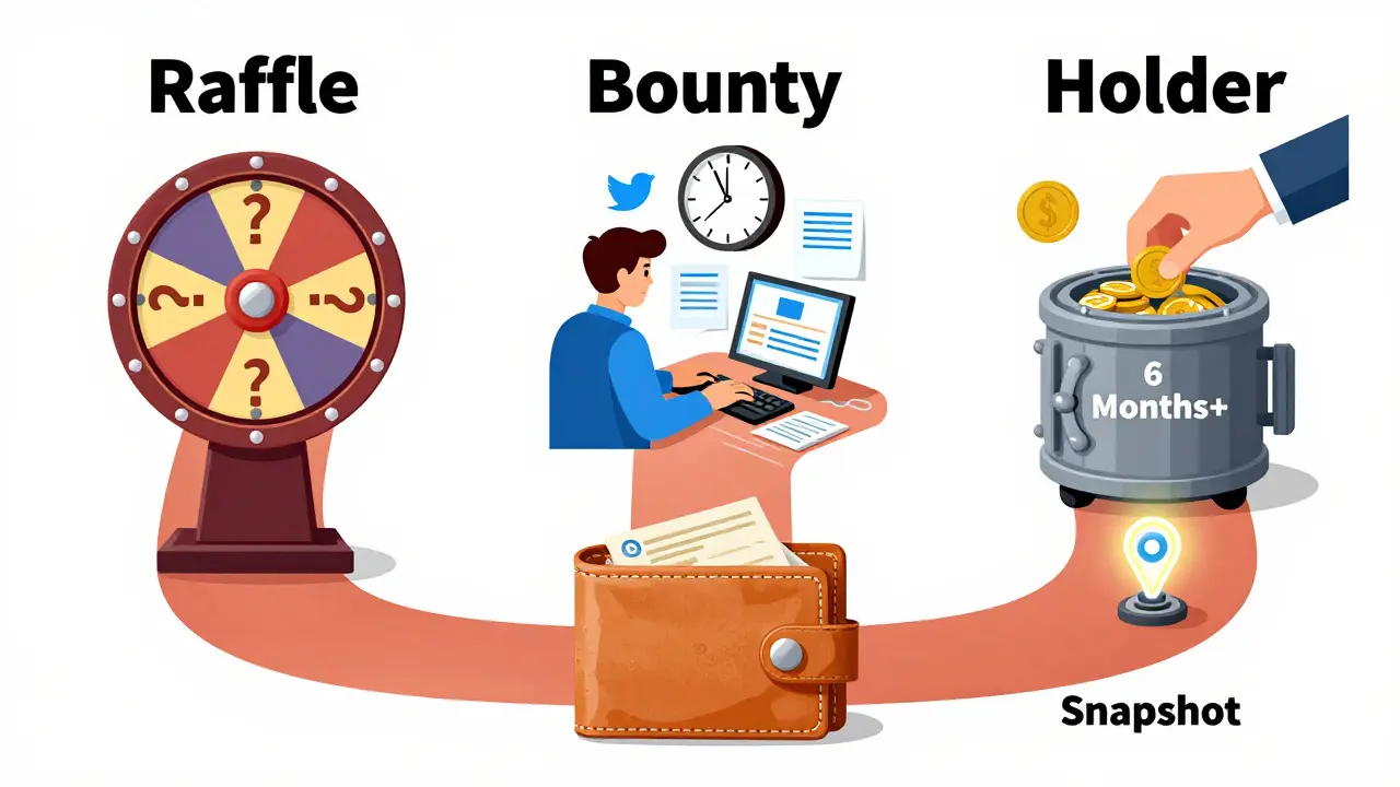 Three paths show different airdrop types: raffle, bounty, and holder, with symbolic visuals and bold labels.