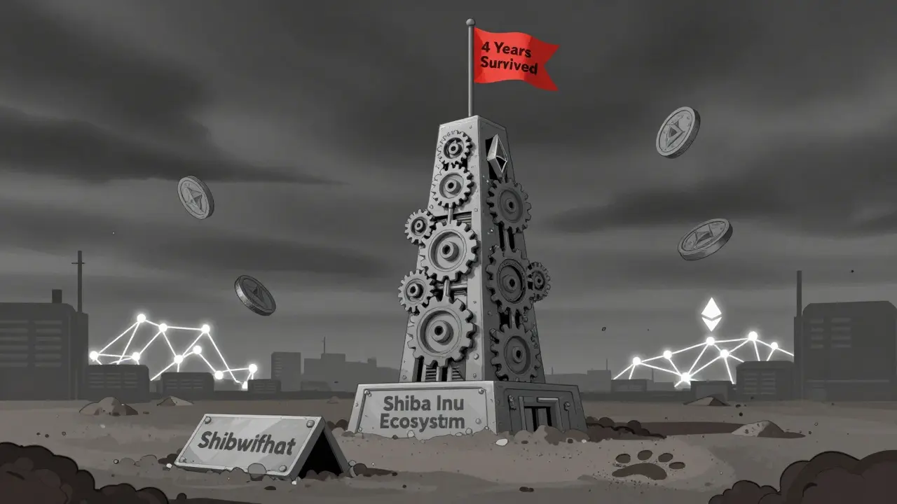 Towering Shiba Inu ecosystem monument vs. crumbling Shibwifhat plaque in dust