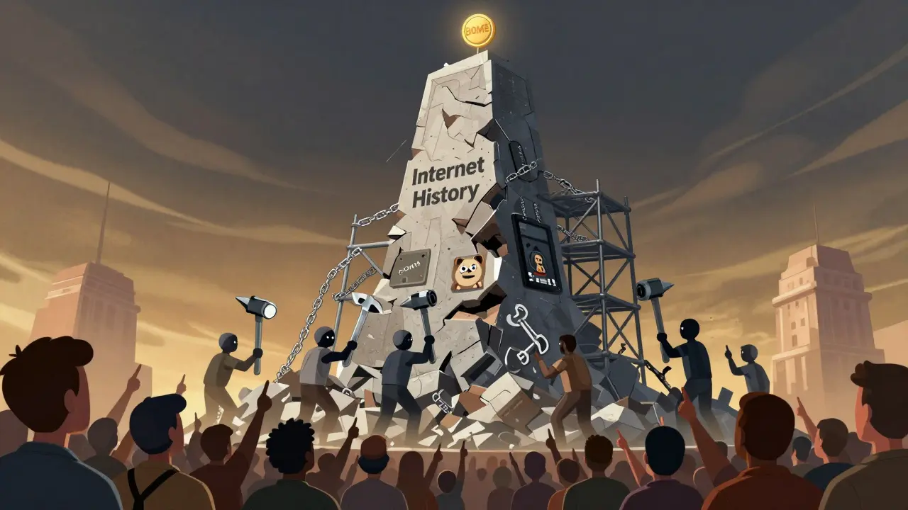 Workers rebuilding a monument of internet memes using Solana chains as scaffolding, in bold Constructivist art style.