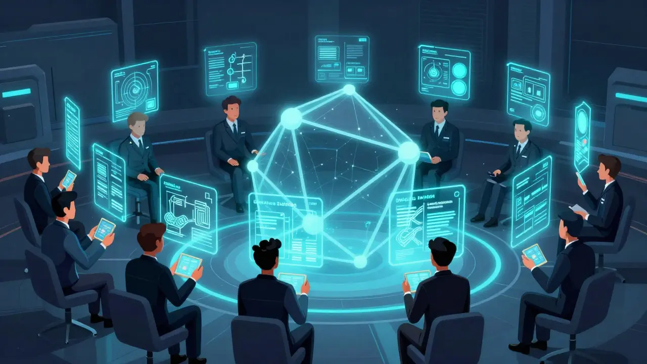 223 figures sit in a blockchain-shaped lounge, each NFT projecting holographic crypto projects above them.