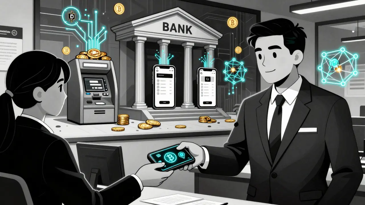 A bank teller handing a customer a digital wallet with Bitcoin and Ethereum as bank branches transform into crypto hubs.