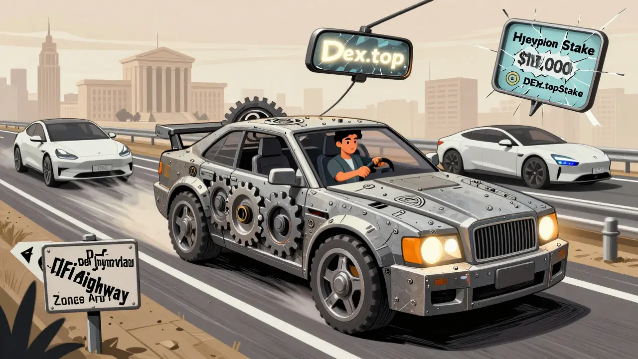 A blockchain-themed manual car speeding down DeFi Highway, with institutional vehicles behind and a phishing scam reflected in the mirror.