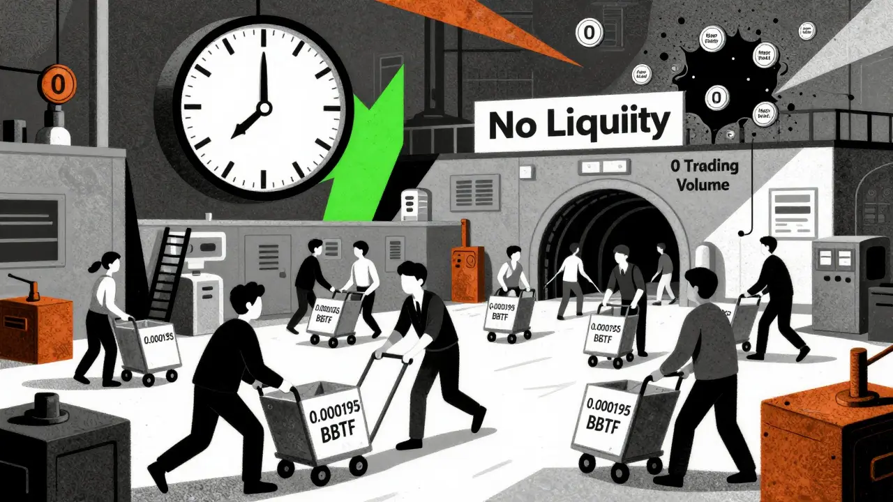 A chaotic factory floor represents a dead-end decentralized exchange with zero trading volume and vanishing rewards.