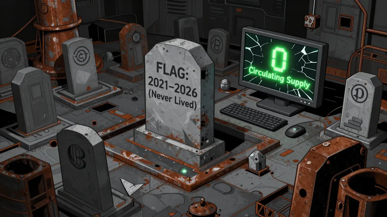 A digital graveyard with tombstones for dead crypto projects, one marked FLAG, surrounded by silent blockchain nodes.