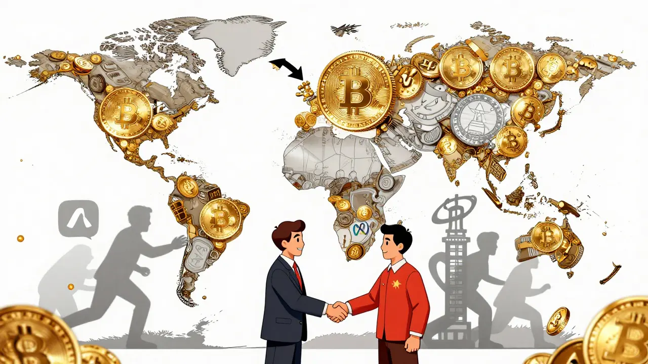A global map of digital coins connects continents as citizens shake hands over a transaction, pushing aside corporate logos.