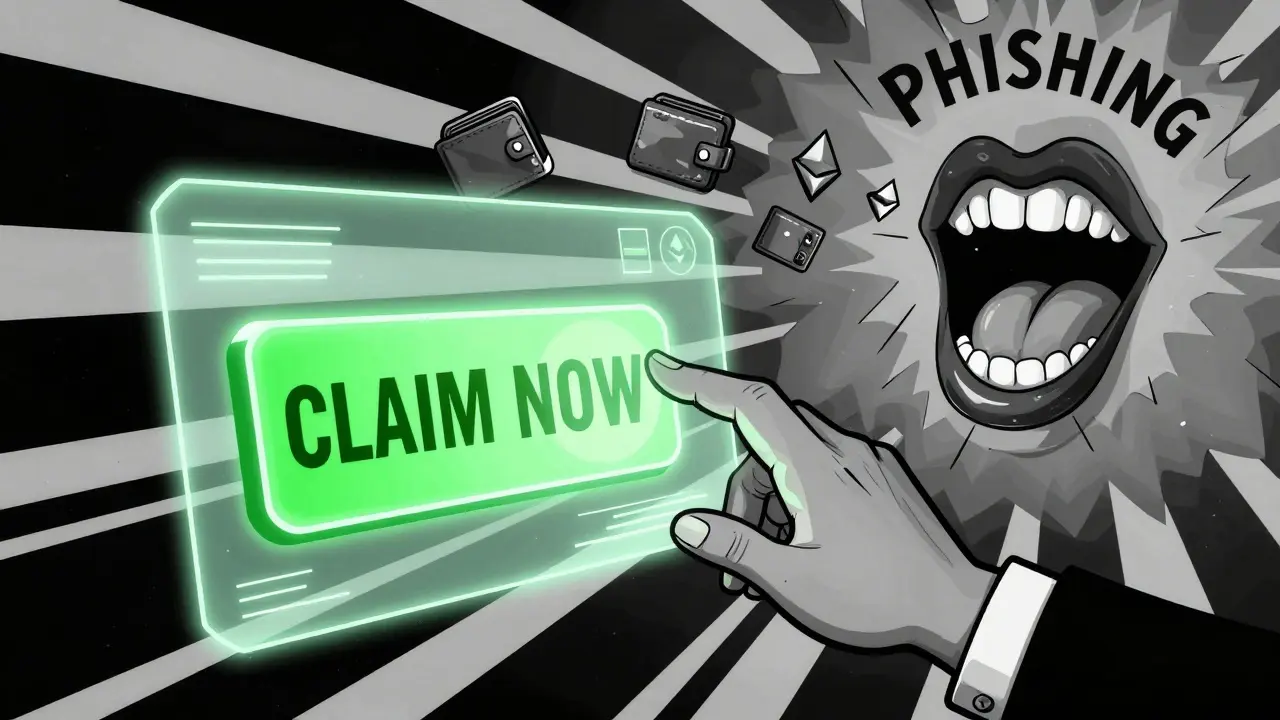 A hand reaching for a 'CLAIM NOW' button that is a monstrous mouth, with stolen wallets vanishing into a black hole.