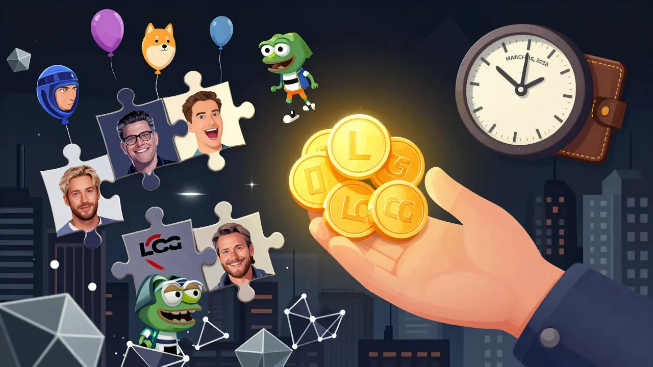 A hand reaching for LOCG tokens surrounded by meme icons and blockchain structures, with a countdown clock.