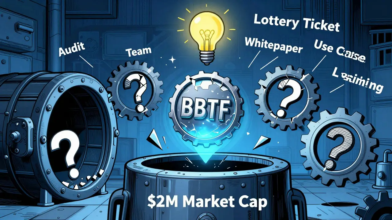 A hollow BBTF token hovers above an empty vault, surrounded by missing elements of a legitimate crypto project.