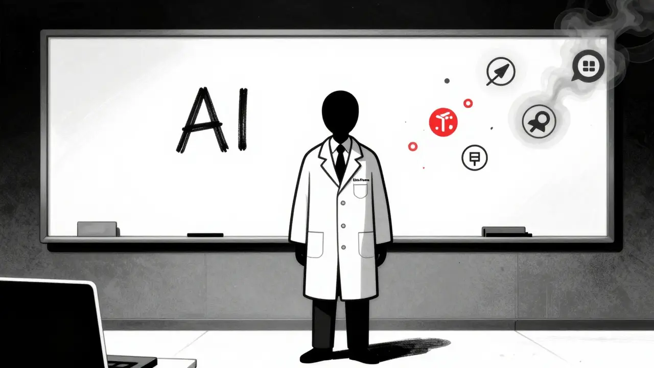 A hollow figure stands before a blank whiteboard with only the word 'AI' scribbled on it.