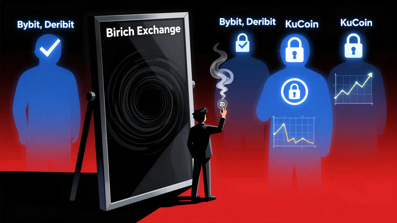 A lone trader facing a black mirror reflecting nothing, while other legitimate exchanges glow behind them in geometric style.
