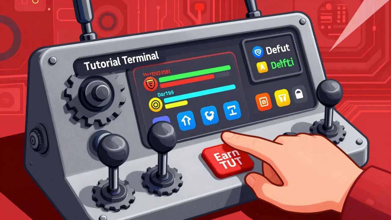 A mechanical dashboard displaying TUT token data, quizzes, and DeFi tools with geometric industrial design.
