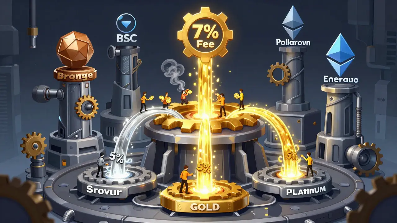 A multi-tiered staking hub with gears converting sell fees into rewards, surrounded by blockchain towers.