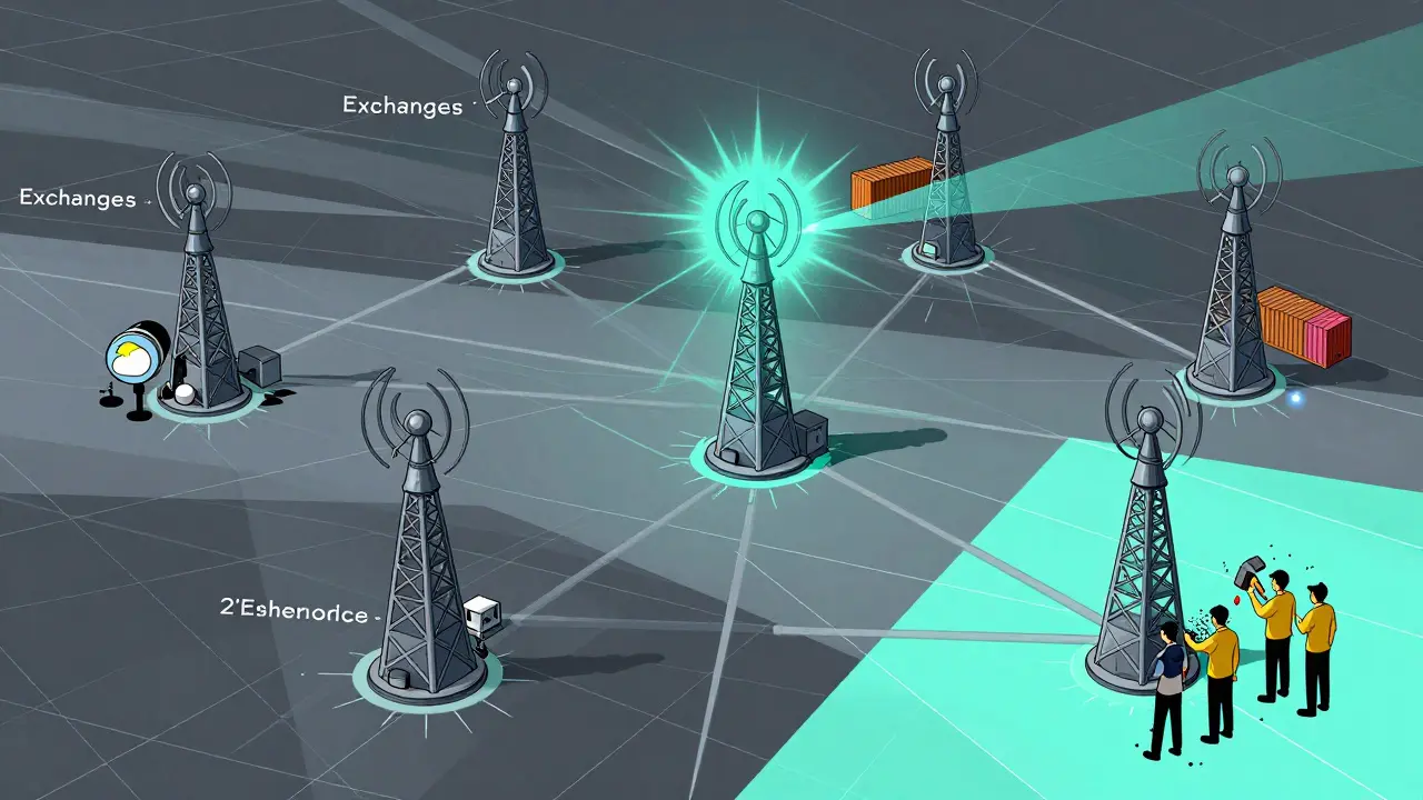 A network of industrial nodes verifying data from multiple sources in a stylized, angular composition.