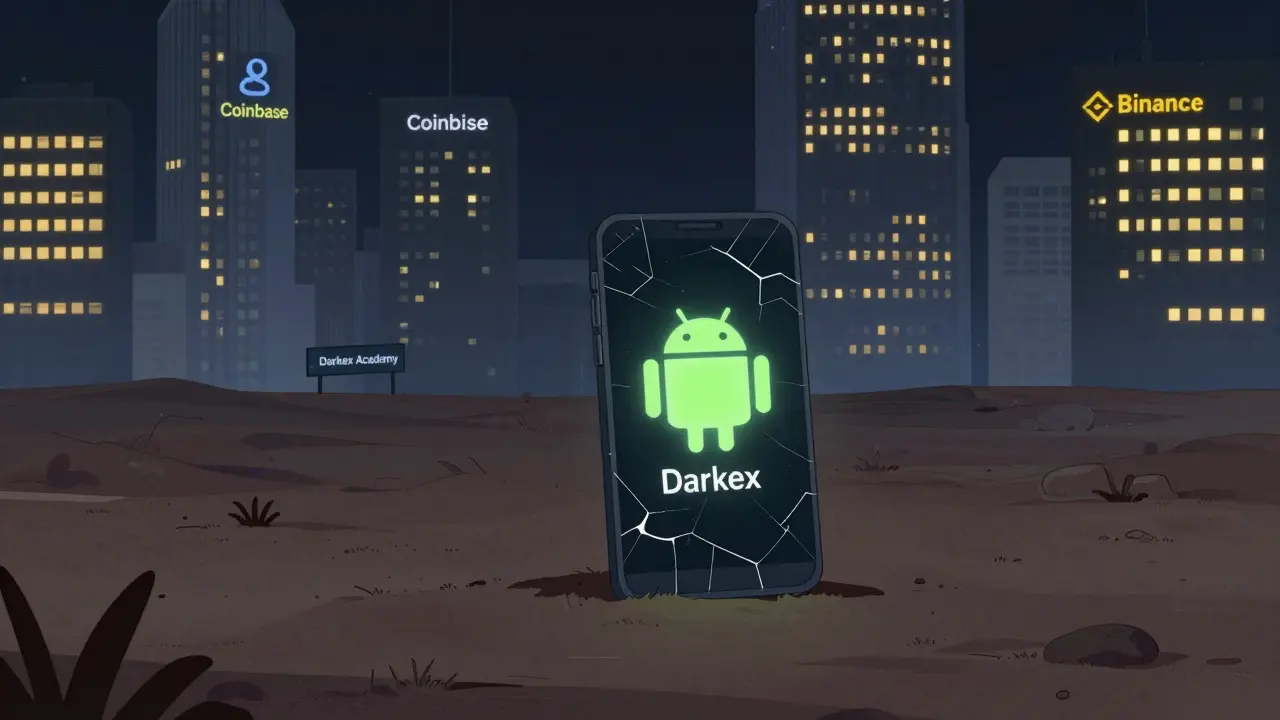 A single flickering Darkex app icon on an Android screen, isolated in silence, while rival exchanges shine brightly in the distance.