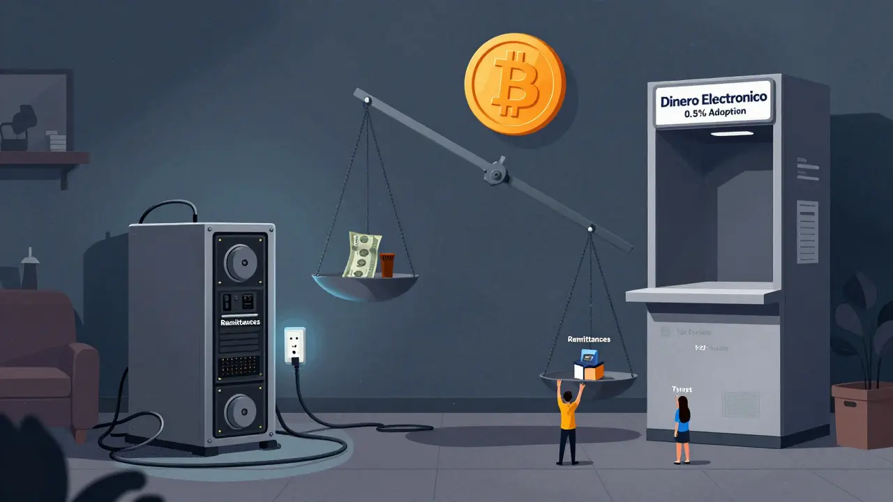 A single mining rig in a living room contrasts with an empty state digital currency kiosk, under a tipping scale.