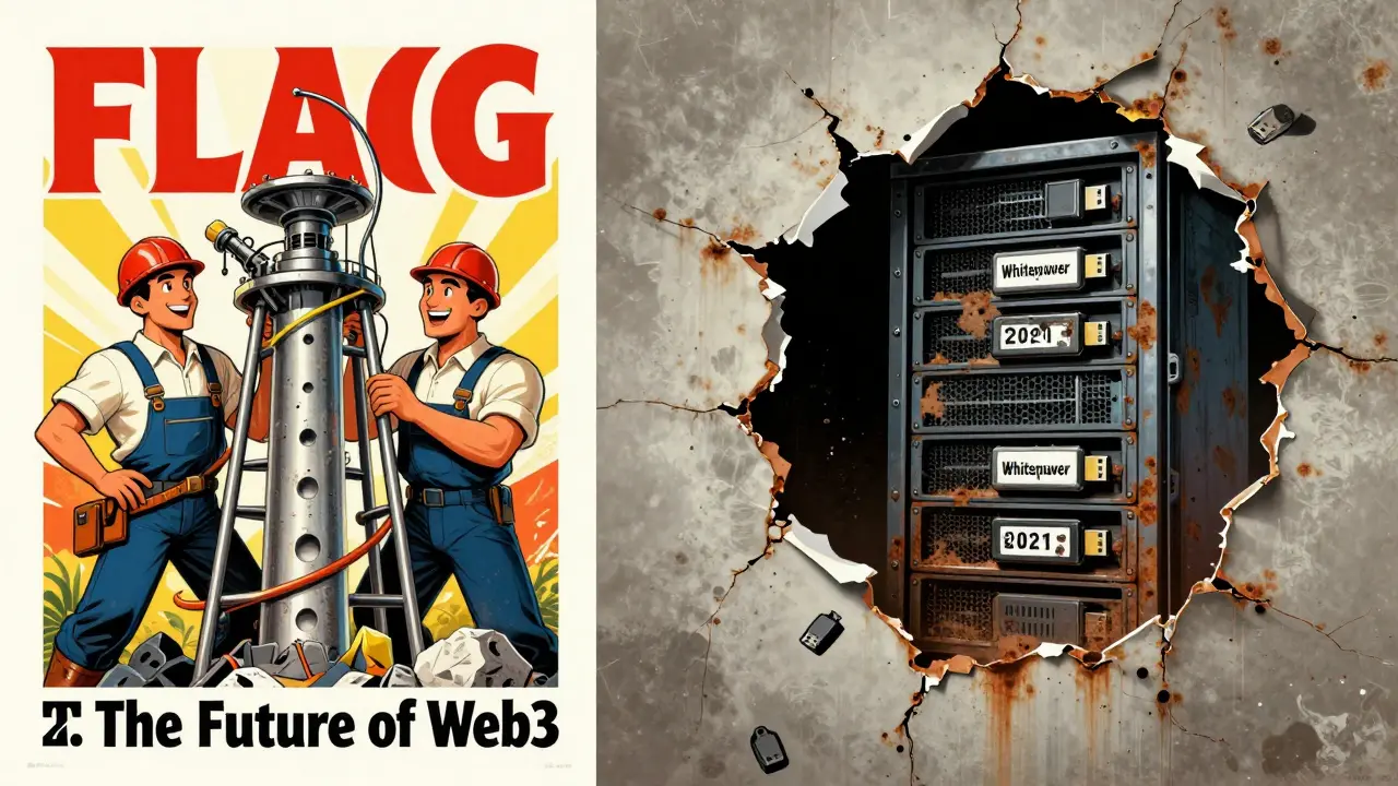 A split scene: optimistic 1920s-style FLAG poster on one side, peeling to reveal a rusted server rack behind it.