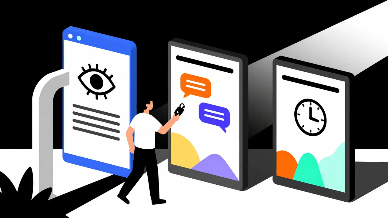 A stylized person completing digital tasks on a screen with checkmarks and connection nodes visible.