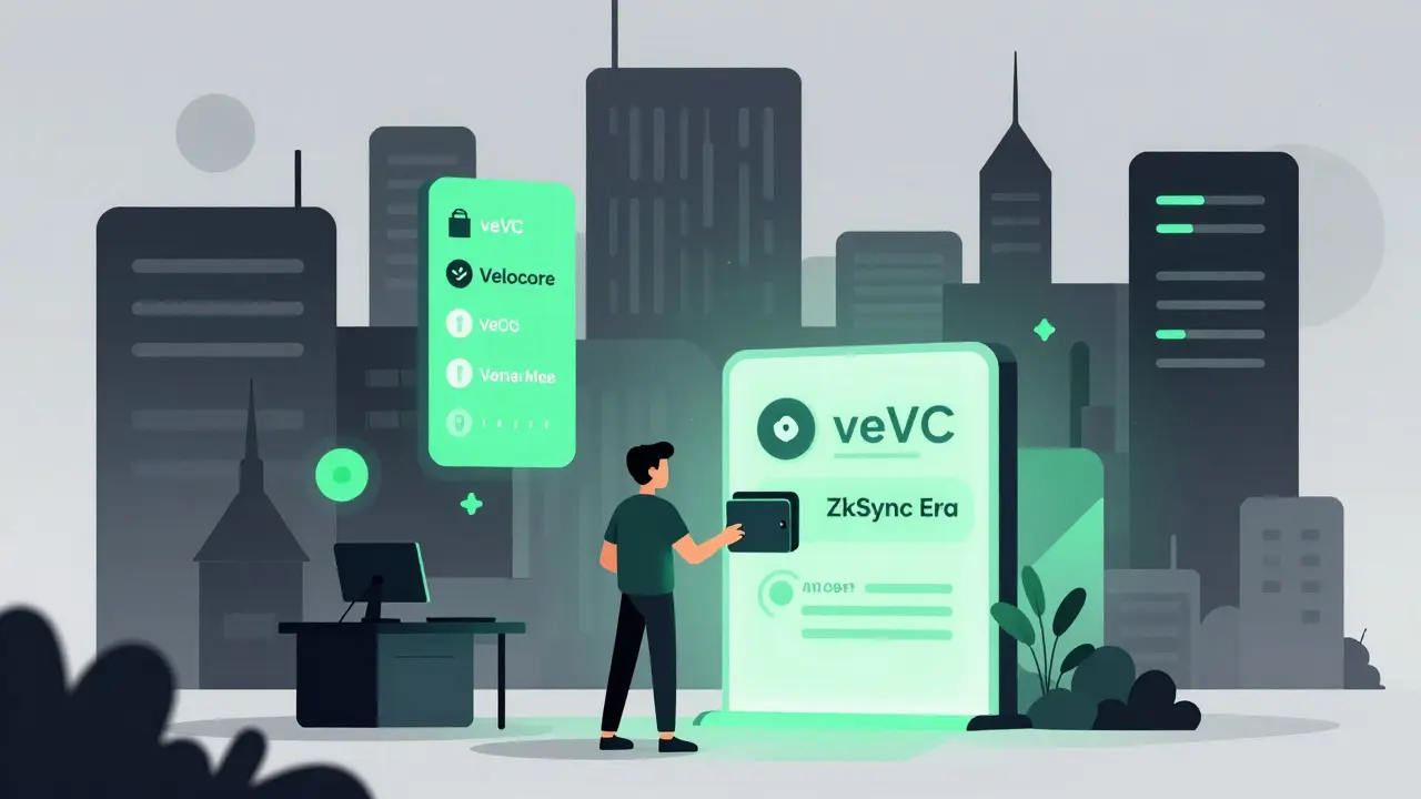 A trader connects a wallet to a zkSync Era portal with veVC reward meters floating above.