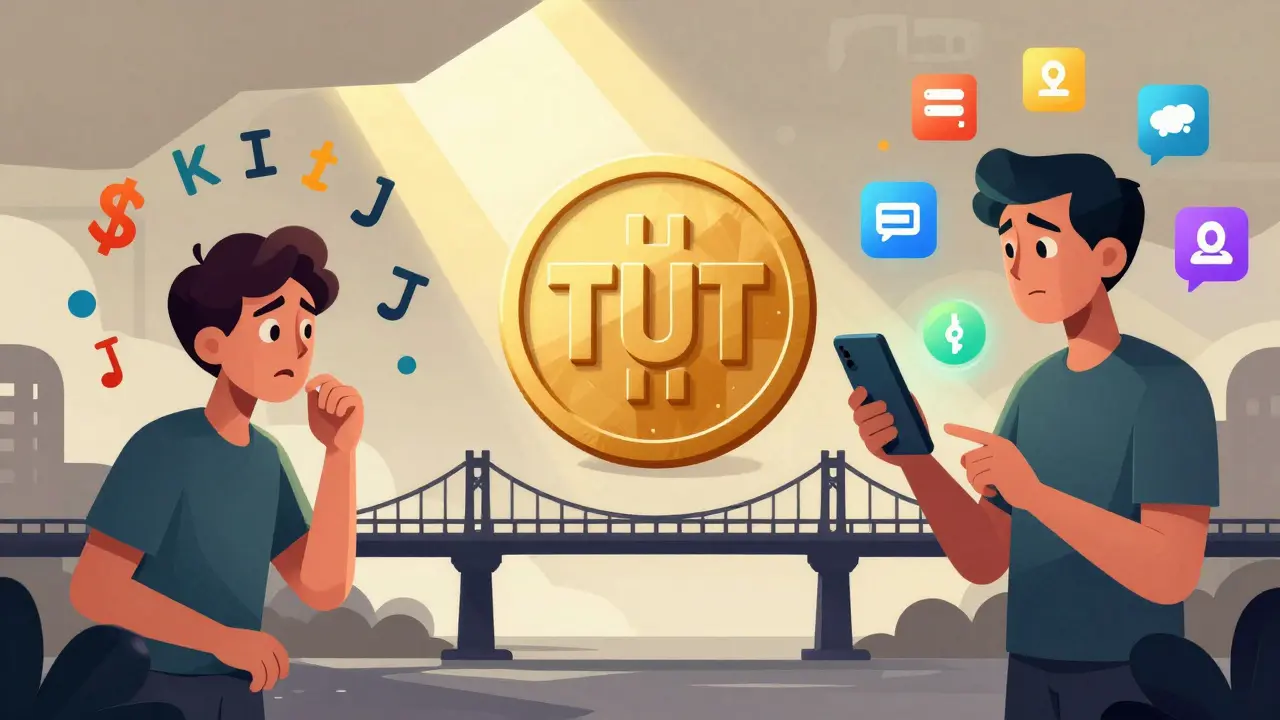 A TUT token bridging confusion and understanding, surrounded by educational icons in bold geometric style.
