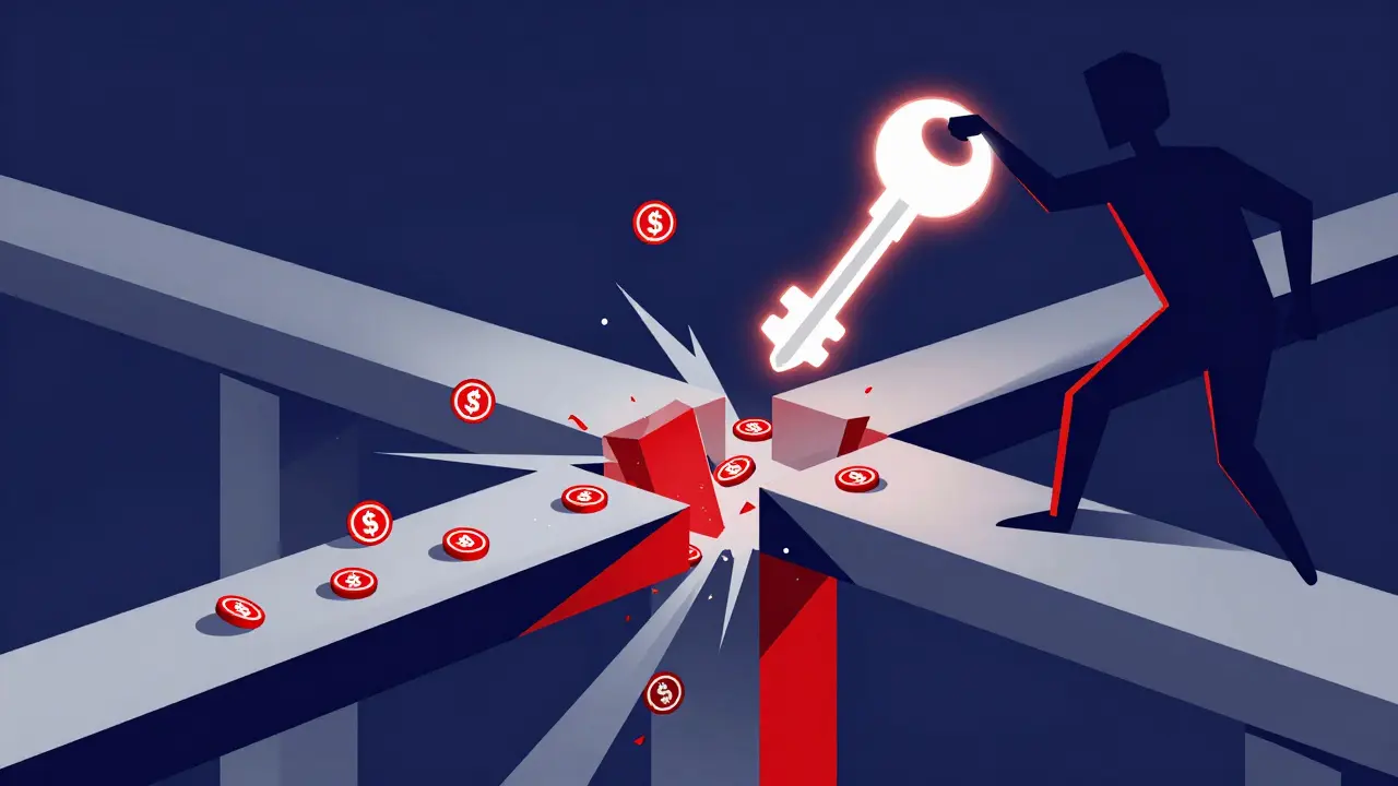 Abstract art showing a security breach with a broken bridge and leaking tokens.