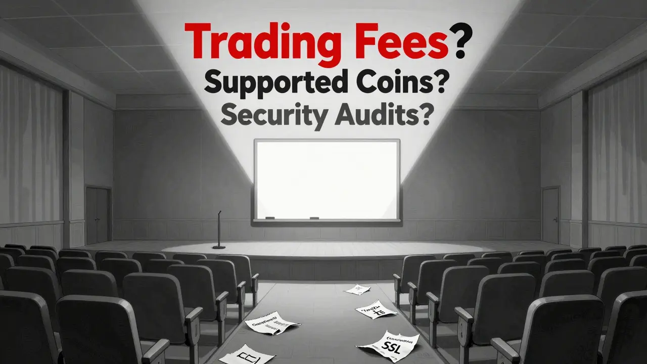 An empty auditorium with a spotlight on a blank whiteboard filled with unanswered questions about crypto exchange legitimacy.