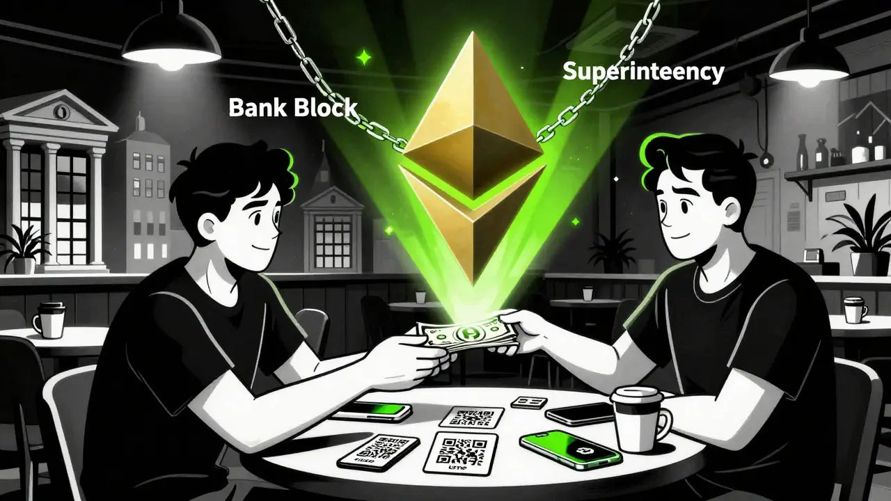 An underground crypto cash trade in a café with QR codes and smartphones, under a chained Ethereum logo.