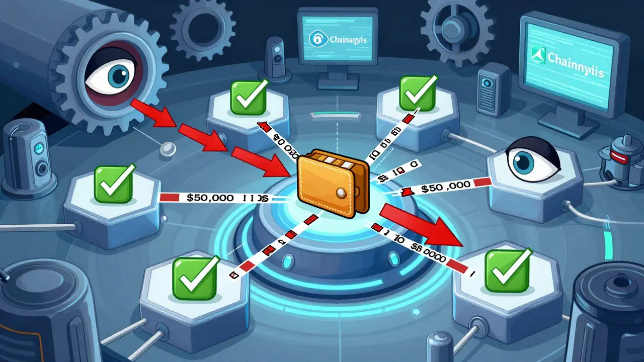 Blockchain transaction monitoring system detecting suspicious fund splits, illustrated in bold Constructivist forms