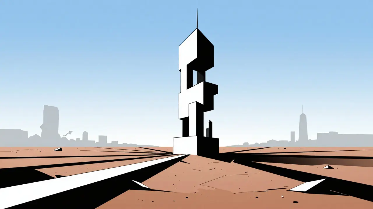 Bold construction art depicting new platform replacing old ruins