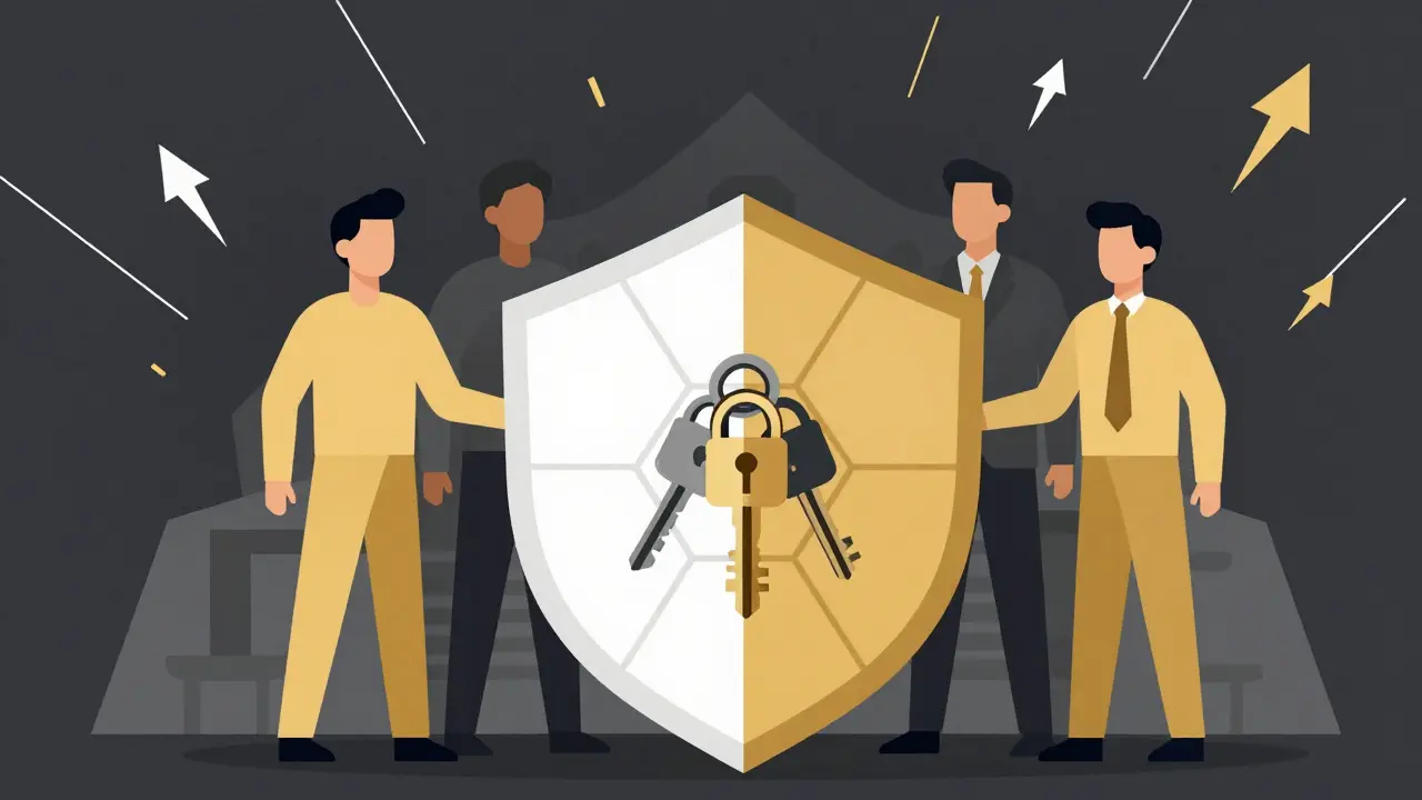 Constructivist style image of community security with shields and locked keys.