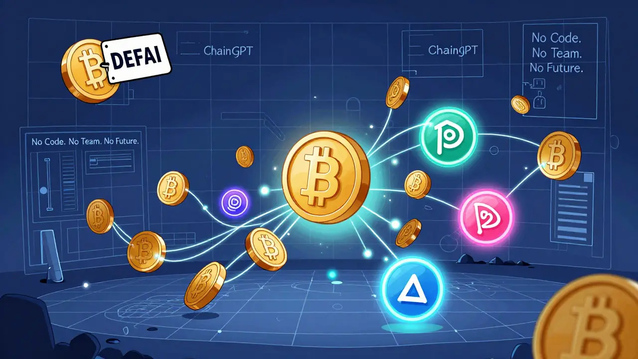 DEFAI token floats alone in a dead marketplace while other AI-DeFi tokens glow with activity.