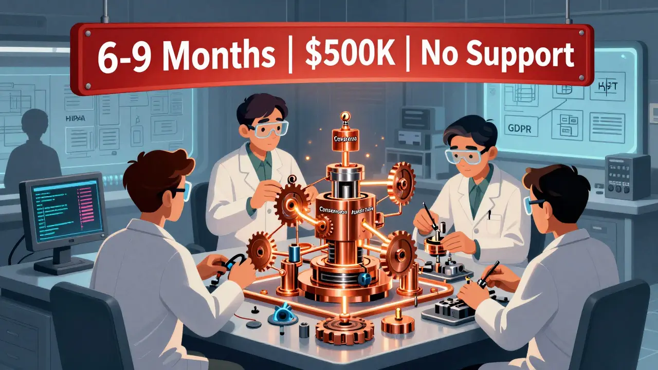 Engineers building a custom blockchain in a lab with warning signs for time and cost, surrounded by regulatory labels.