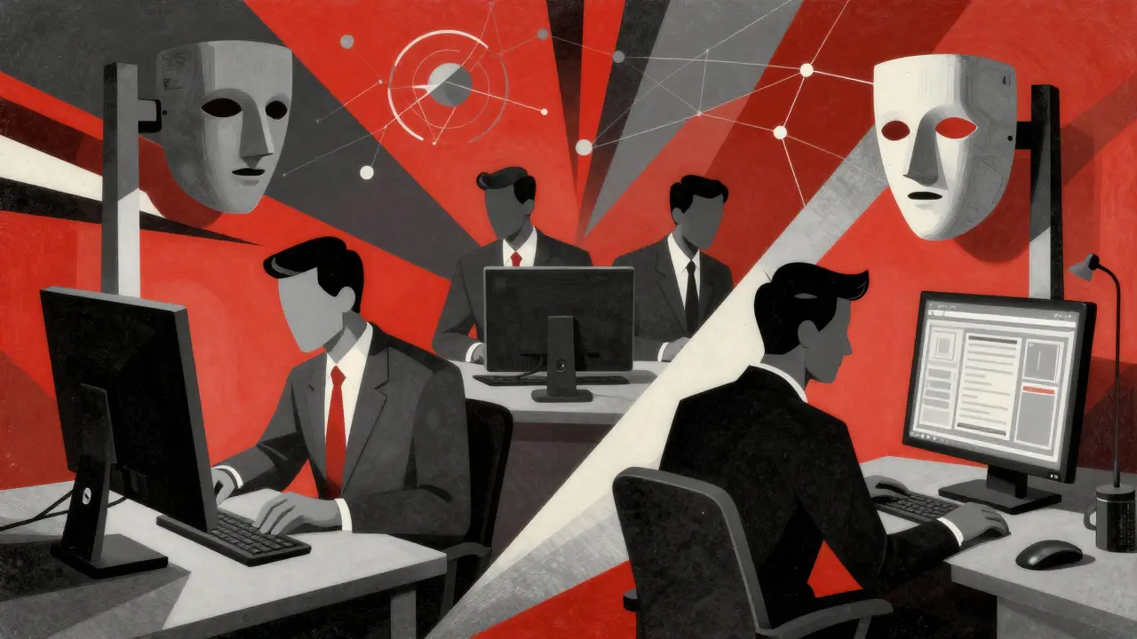 Geometric artwork showing cyber hackers conducting social engineering attacks