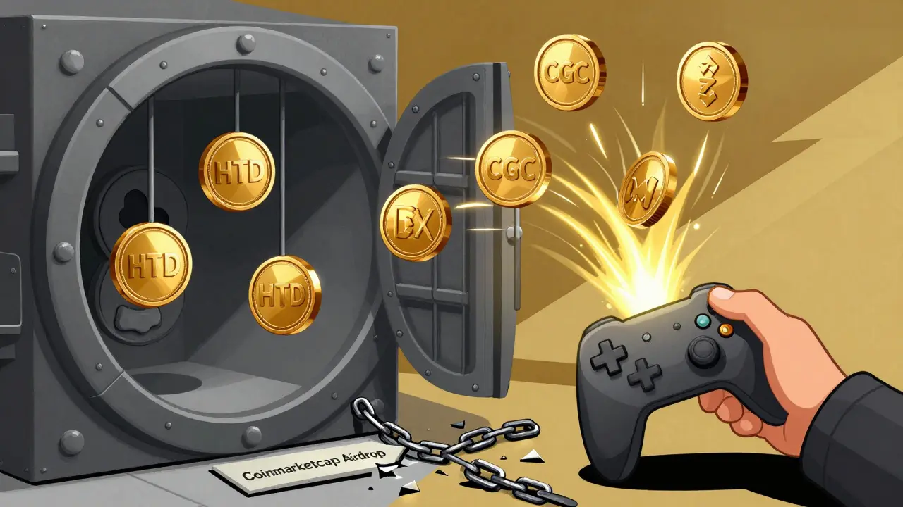 HTD tokens inactive in a vault while CGC coins flow into a player's hand from a game, symbolizing real in-game value.