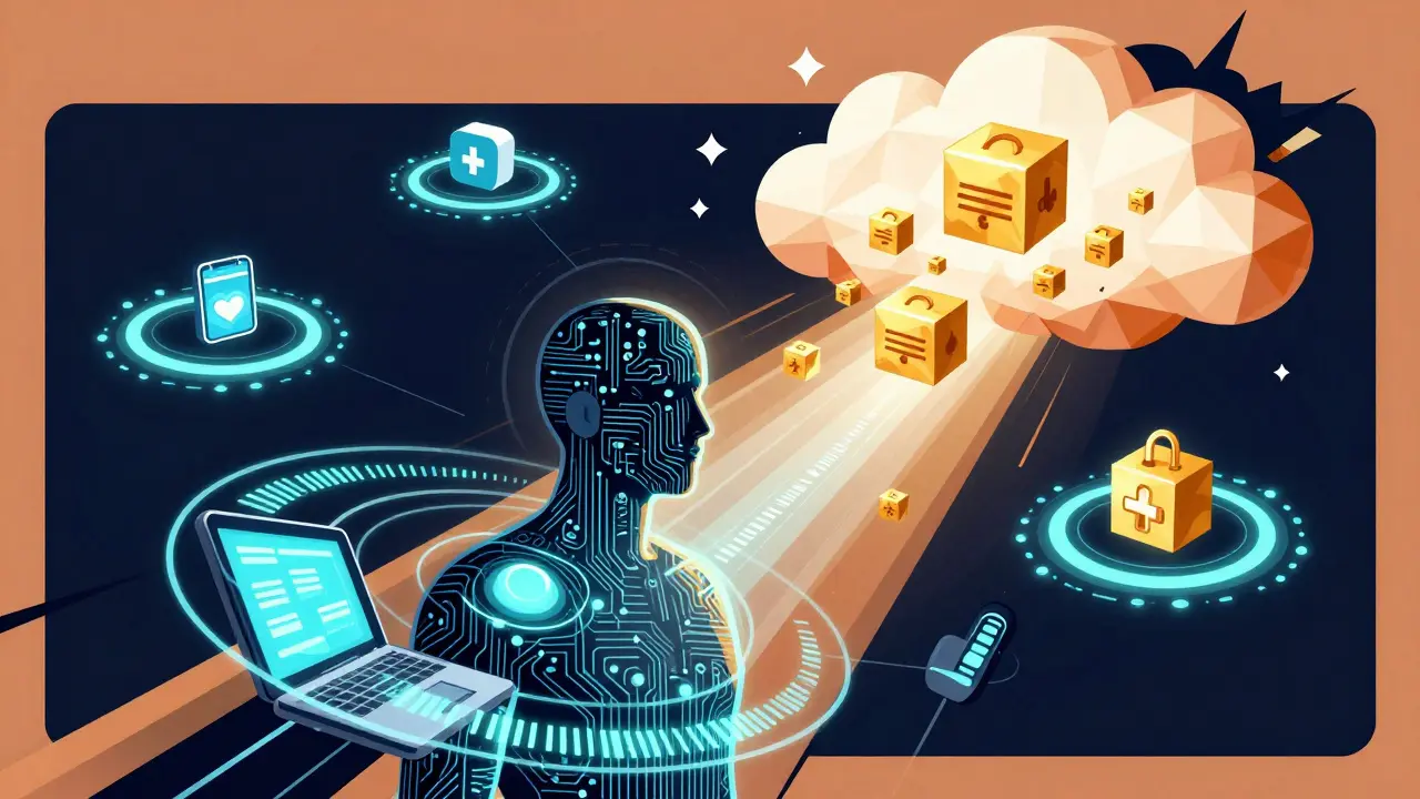 Human figure connected to digital health network circuits