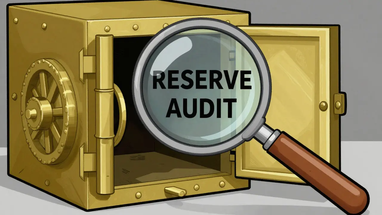 Magnifying glass inspecting a dark open gold vault.